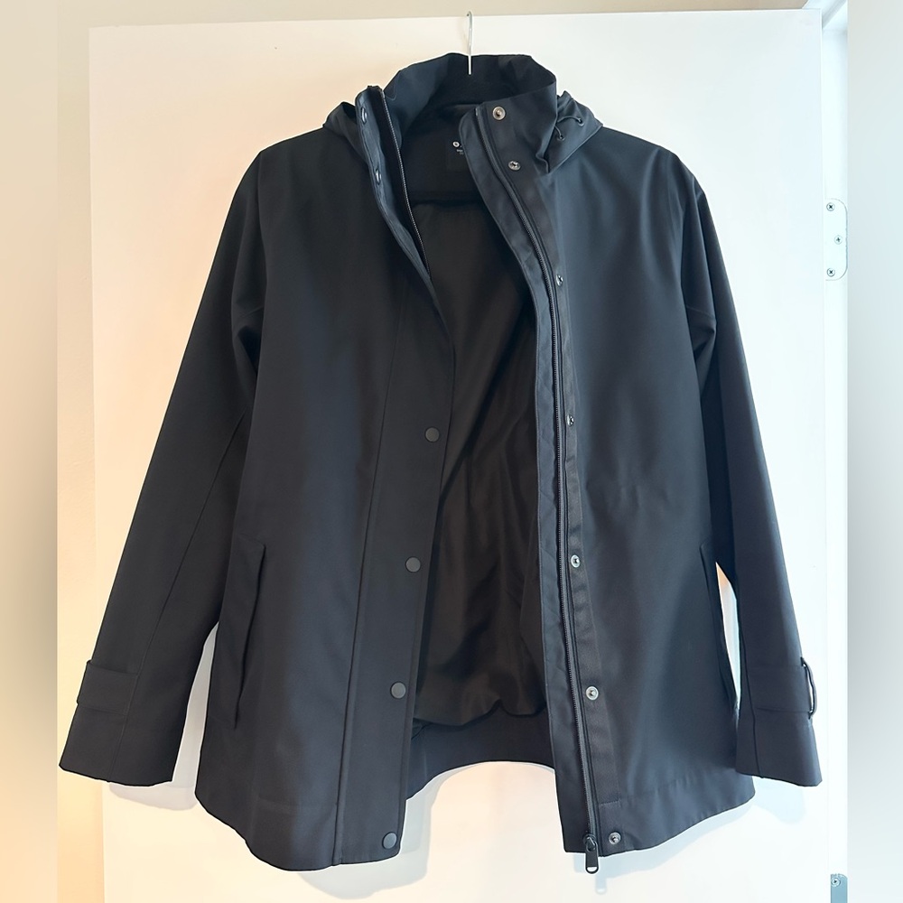 Athleta RainOut Sutro Trench Black Jacket size XS Waterproof Full Zip Hooded